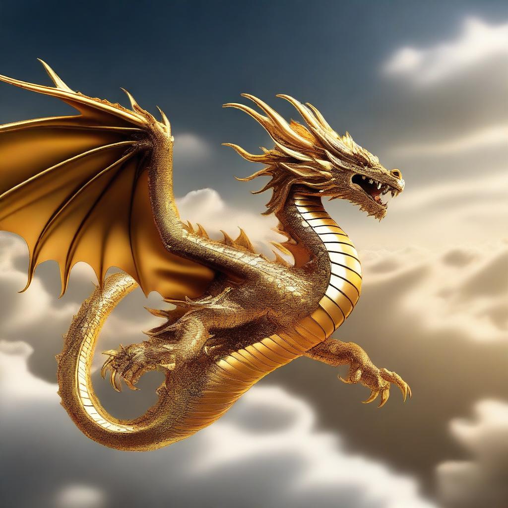 A magnificent golden dragon, gliding through the sky, its scales shimmering and radiating an aura of resplendent elegance.