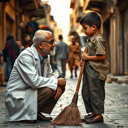 A poignant scene depicting the emotional attachment between a Jewish doctor and a Palestinian sweeper boy