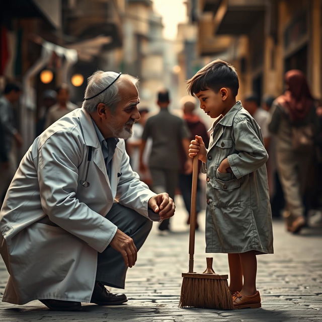 A poignant scene depicting the emotional attachment between a Jewish doctor and a Palestinian sweeper boy