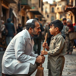 A poignant scene depicting the emotional attachment between a Jewish doctor and a Palestinian sweeper boy