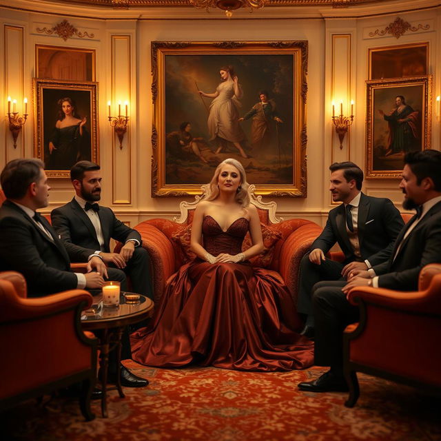 A luxurious salon featuring a glamorous billionaire woman, elegantly dressed in a designer gown, sitting at the center surrounded by four handsome men in tailored suits