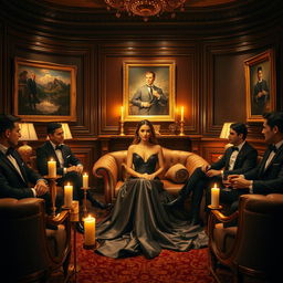 A luxurious salon featuring a glamorous billionaire woman, elegantly dressed in a designer gown, sitting at the center surrounded by four handsome men in tailored suits