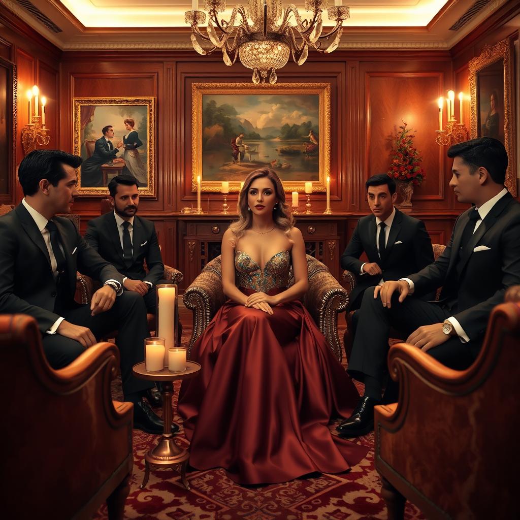 A luxurious salon featuring a glamorous billionaire woman, elegantly dressed in a designer gown, sitting at the center surrounded by four handsome men in tailored suits