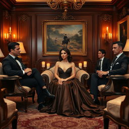 A luxurious salon featuring a glamorous billionaire woman, elegantly dressed in a designer gown, sitting at the center surrounded by four handsome men in tailored suits