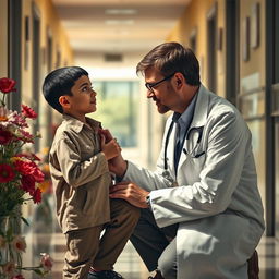 An emotional scene depicting the deep bond between a compassionate Jewish doctor in a white coat, with brown hair and glasses, gently kneeling beside a Palestinian 15-year-old boy who works as a sweeper