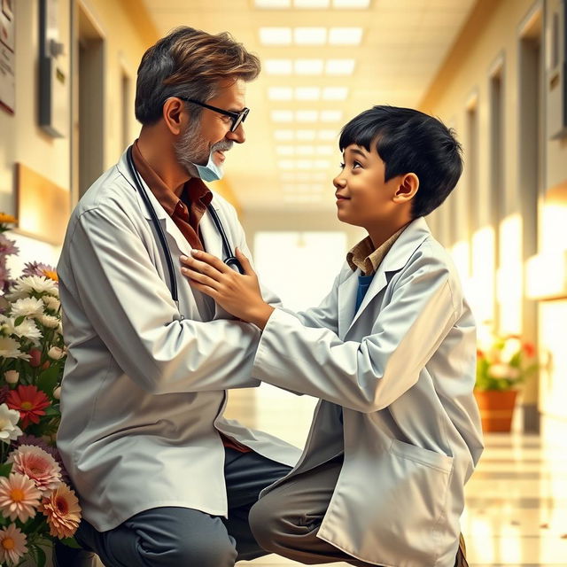 An emotional scene depicting the deep bond between a compassionate Jewish doctor in a white coat, with brown hair and glasses, gently kneeling beside a Palestinian 15-year-old boy who works as a sweeper