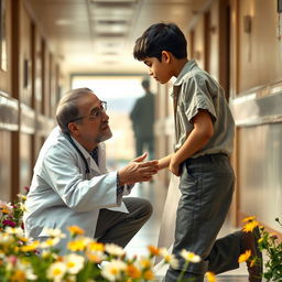 An emotional scene depicting the deep bond between a compassionate Jewish doctor in a white coat, with brown hair and glasses, gently kneeling beside a Palestinian 15-year-old boy who works as a sweeper