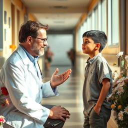 An emotional scene depicting the deep bond between a compassionate Jewish doctor in a white coat, with brown hair and glasses, gently kneeling beside a Palestinian 15-year-old boy who works as a sweeper