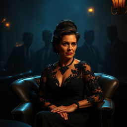 A wealthy 52-year-old woman sitting elegantly in a dimly lit noir-themed lounge, surrounded by four indistinct male silhouettes