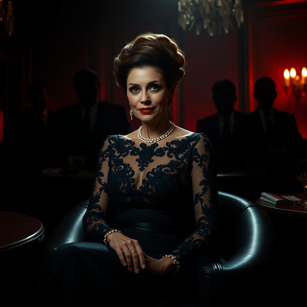 A wealthy 52-year-old woman sitting elegantly in a dimly lit noir-themed lounge, surrounded by four indistinct male silhouettes