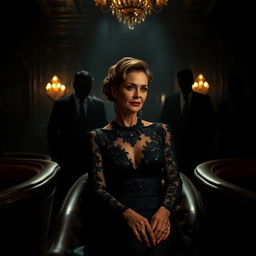 A wealthy 52-year-old woman sitting elegantly in a dimly lit noir-themed lounge, surrounded by four indistinct male silhouettes