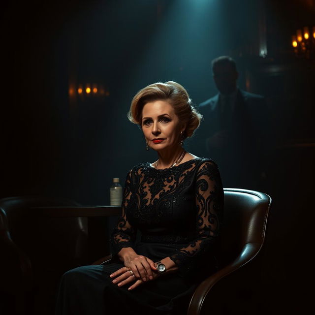 A wealthy 52-year-old woman sitting elegantly in a dimly lit noir-themed lounge, surrounded by four indistinct male silhouettes