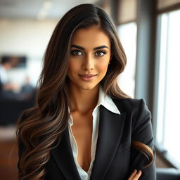 A stunning 24-year-old Italian woman with long, dark, wavy hair cascading down her shoulders