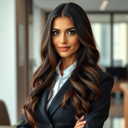 A stunning 24-year-old Italian woman with long, dark, wavy hair cascading down her shoulders