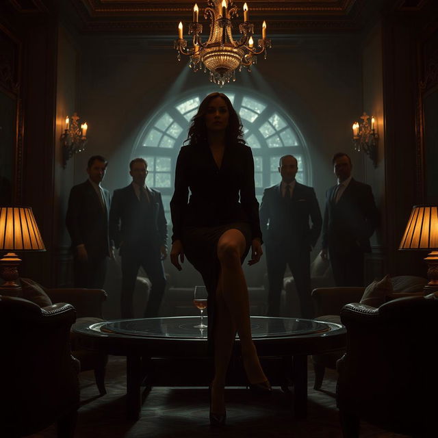 A luxurious, dark, moody setting in a lavish salon where a 52-year-old billionaire woman is featured, her face obscured while only her elegantly dressed leg is visible