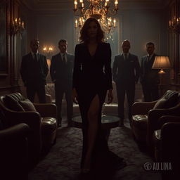 A luxurious, dark, moody setting in a lavish salon where a 52-year-old billionaire woman is featured, her face obscured while only her elegantly dressed leg is visible