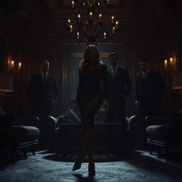 A luxurious, dark, moody setting in a lavish salon where a 52-year-old billionaire woman is featured, her face obscured while only her elegantly dressed leg is visible