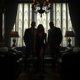 A luxurious, dark, moody setting in a lavish salon where a 52-year-old billionaire woman is featured, her face obscured while only her elegantly dressed leg is visible