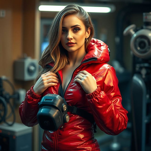 A stunningly attractive woman with striking features, voluptuous figure, and big breasts, dressed in a shiny red puffy cold-water immersion suit