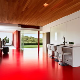 A spacious home with vibrant red flooring, light-filled rooms and modern furniture