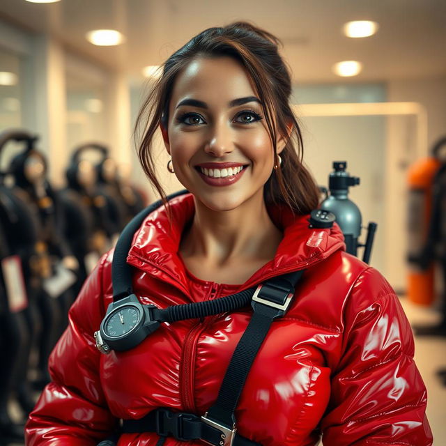 A captivating and attractive woman with an enchanting smile and big voluptuous breasts, clad in a shiny red puffy cold-water immersion suit that glistens under the light