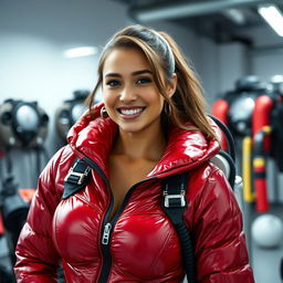 A captivating and attractive woman with an enchanting smile and big voluptuous breasts, clad in a shiny red puffy cold-water immersion suit that glistens under the light