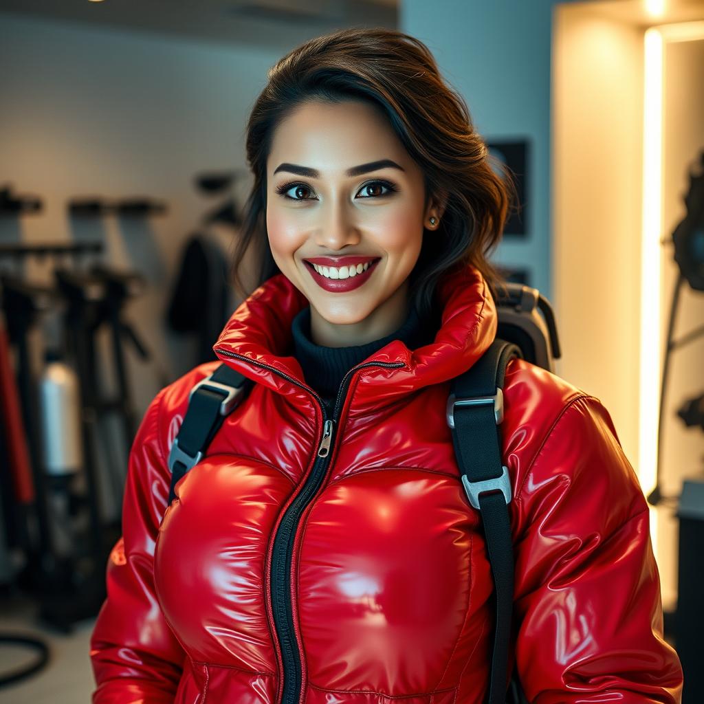 A captivating and attractive woman with an enchanting smile and big voluptuous breasts, clad in a shiny red puffy cold-water immersion suit that glistens under the light