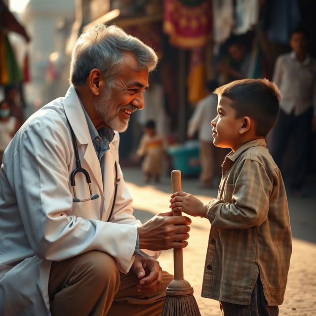 A poignant scene capturing the emotional connection between a 50-year-old Cochin Jewish doctor and a 15-year-old Palestinian sweeper boy