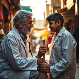 A poignant scene capturing the emotional connection between a 50-year-old Cochin Jewish doctor and a 15-year-old Palestinian sweeper boy