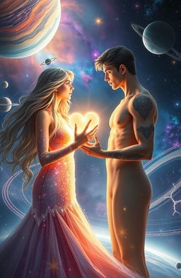 A breathtaking sci-fi romance scene featuring two celestial beings exchanging luminous hearts amidst a cosmic backdrop