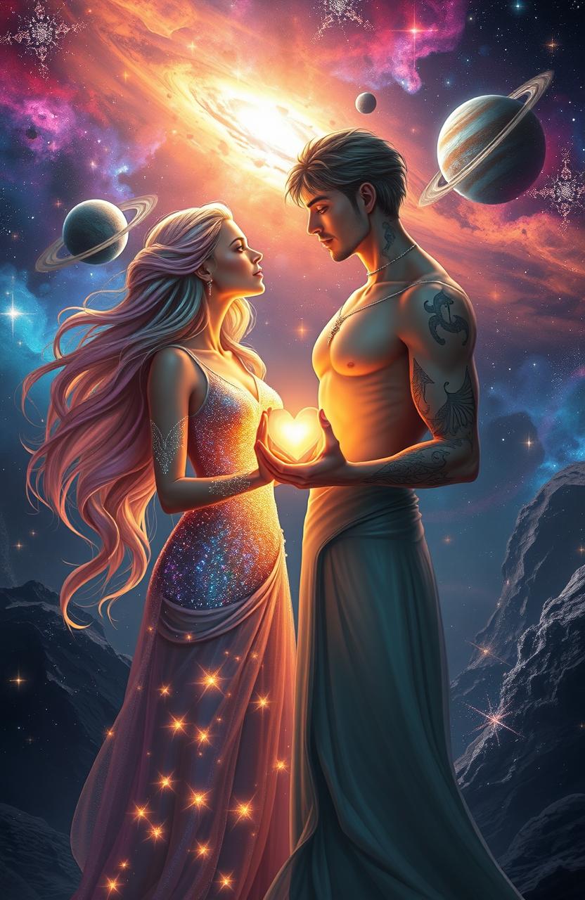 A breathtaking sci-fi romance scene featuring two celestial beings exchanging luminous hearts amidst a cosmic backdrop