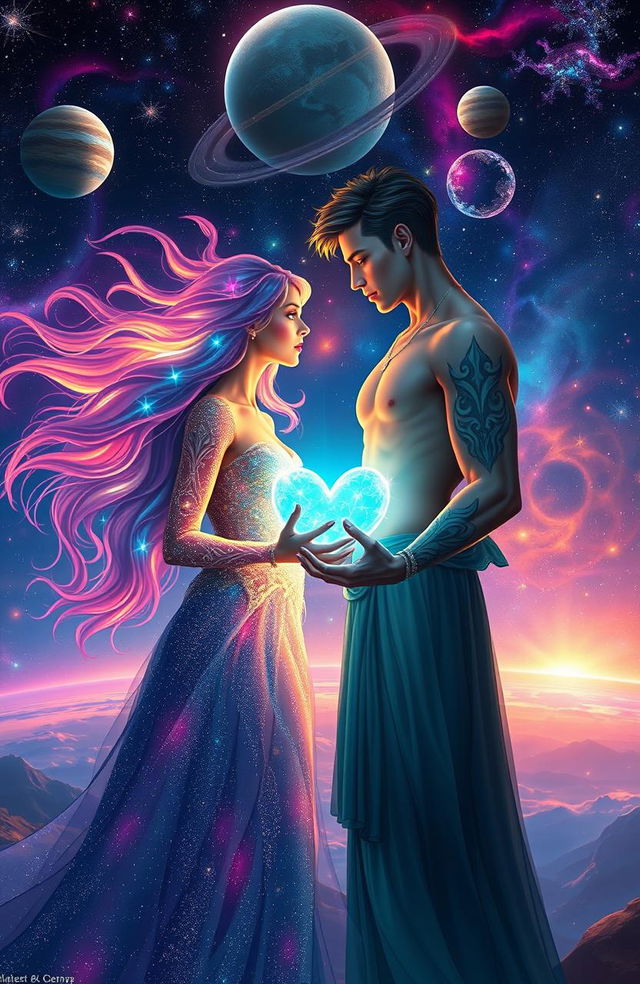 A breathtaking sci-fi romance scene featuring two celestial beings exchanging luminous hearts amidst a cosmic backdrop