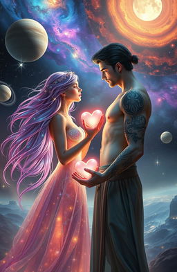 A breathtaking sci-fi romance scene featuring two celestial beings exchanging luminous hearts amidst a cosmic backdrop