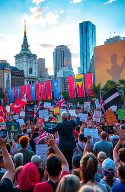 A vibrant political rally scene showcasing diverse groups of people gathering in a city square, passionately waving flags and holding signs that express various social justice messages
