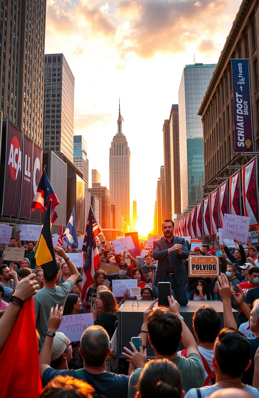 A vibrant political rally scene showcasing diverse groups of people gathering in a city square, passionately waving flags and holding signs that express various social justice messages