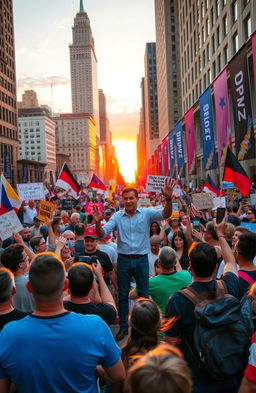 A vibrant political rally scene showcasing diverse groups of people gathering in a city square, passionately waving flags and holding signs that express various social justice messages