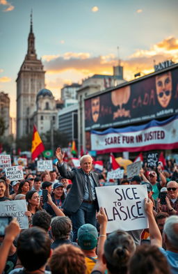 A vibrant political rally scene showcasing diverse groups of people gathering in a city square, passionately waving flags and holding signs that express various social justice messages