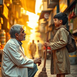 A heartfelt scene illustrating the emotional connection between a 50-year-old Cochin Jewish doctor and a 16-year-old Palestinian sweeper boy