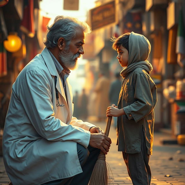 A heartfelt scene illustrating the emotional connection between a 50-year-old Cochin Jewish doctor and a 16-year-old Palestinian sweeper boy