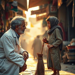 A heartfelt scene illustrating the emotional connection between a 50-year-old Cochin Jewish doctor and a 16-year-old Palestinian sweeper boy