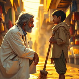 A heartfelt scene illustrating the emotional connection between a 50-year-old Cochin Jewish doctor and a 16-year-old Palestinian sweeper boy