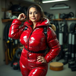 A beautiful and confident woman with a curvy figure and big breasts, wearing a shiny red puffy cold-water immersion suit that reflects light beautifully