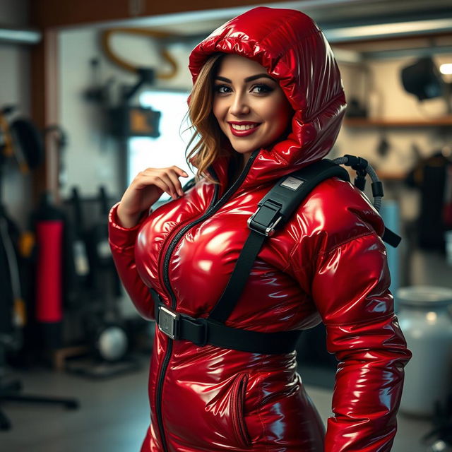 A beautiful and confident woman with a curvy figure and big breasts, wearing a shiny red puffy cold-water immersion suit that reflects light beautifully