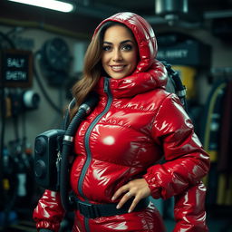 A beautiful and confident woman with a curvy figure and big breasts, wearing a shiny red puffy cold-water immersion suit that reflects light beautifully