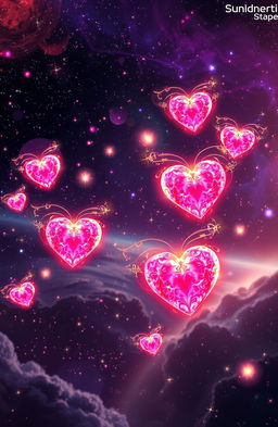 A vibrant and ethereal sci-fi landscape depicting celestial hearts in space, glowing with radiant colors of pink, purple, and gold