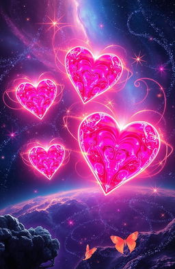 A vibrant and ethereal sci-fi landscape depicting celestial hearts in space, glowing with radiant colors of pink, purple, and gold