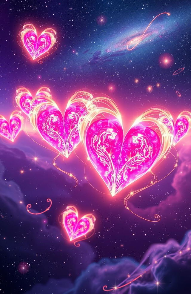 A vibrant and ethereal sci-fi landscape depicting celestial hearts in space, glowing with radiant colors of pink, purple, and gold