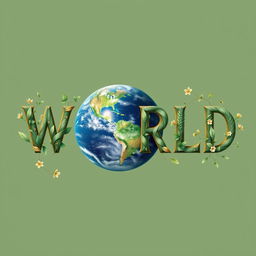 The word "WORLD" creatively designed where the letter 'o' is replaced by a detailed image of a globe showcasing the Earth, including continents and oceans