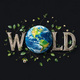 The word "WORLD" creatively designed where the letter 'o' is replaced by a detailed image of a globe showcasing the Earth, including continents and oceans