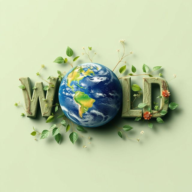 The word "WORLD" creatively designed where the letter 'o' is replaced by a detailed image of a globe showcasing the Earth, including continents and oceans